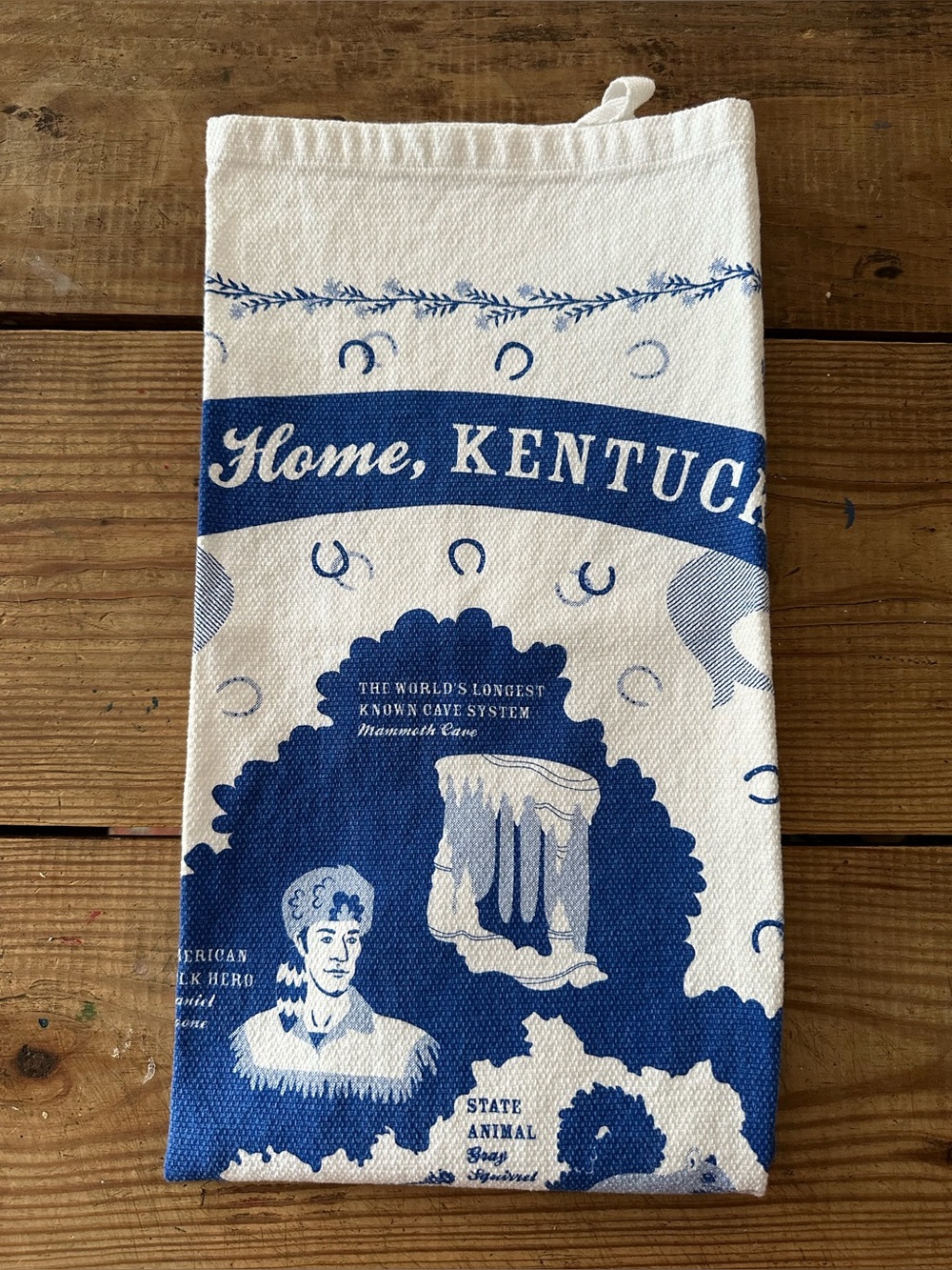 Old Home Kentucky dish towel blue white Daniel Boone horseshoe souvenir novelty